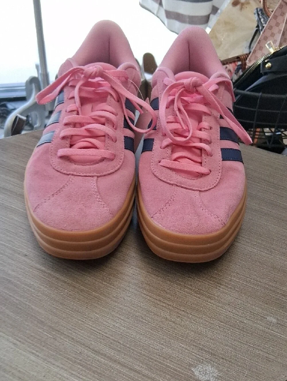 adidas Pink Suede Sneakers with Navy Stripes R9K2GV